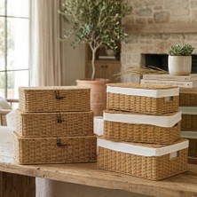 TeknoKapsül 3'lü Dekoratif Organizer Sepet Seti - Çok Amaçlı Rattan ve Hasır Düzenleyici - Banyo, Mutfak ve Dolap Içi Saklama Kutusu Takımı (3'lü Rattan Sepet Bezli)