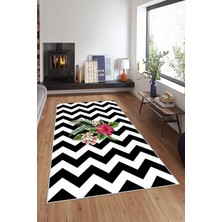 TeknoKapsül Pelangi Siyah Beyaz Zigzag Desenli Yıkanabilir Kaymaz Taban Leke Tutmaz Modern Salon Halısı ve Yolluk, Siyah 160 x 240, 7457112416024005