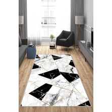 TeknoKapsül Pelangi Beyaz Mermer Desenli Gold Detay Yıkanabilir Kaymaz Taban Leke Tutmaz Modern Salon Halısı ve Yolluk, Beyaz-Gold 100 x 400, 1358191100400728