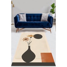 TeknoKapsül Pelangi Bohemian Tarz Vazoda Papatyalı Minimalist Yıkanabilir Kaymaz Taban Leke Tutmaz Salon Halısı Yoluk, Siyah-Turuncu-Beyaz 160 x 250