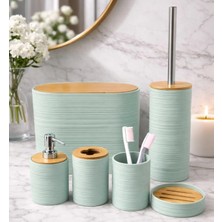 TeknoKapsül 6 Parça Banyo Seti, Bambu Detaylı, 8l Çöp Kovası 24X26X16 cm (Su Yeşili)