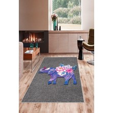 TeknoKapsül Pelangi Gri Fil Desenli Yıkanabilir Kaymaz Taban Leke Tutmaz Modern Salon Halısı ve Yolluk, Gri-Mavi 80 x 500, 13583038050005