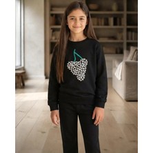 Tuffy Kız Çocuk Siyah Üzüm Figürlü Şardonlu Sweatshirt Rahat Kesim