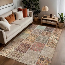 TeknoKapsül Latte Dizayn Nadine Patchwork Desenli Şönil Pamuk Tabanlı Yıkanabilir Kaymaz Antibakteriyel Salon Halısı 100X300