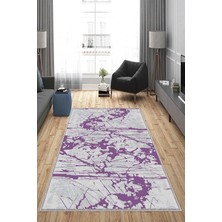 TeknoKapsül Pelangi Gri Desenli Mor Detaylı Yıkanabilir Kaymaz Taban Leke Tutmaz Modern Salon Halısı ve Yolluk, Mor 80 x 500, 13582068050005