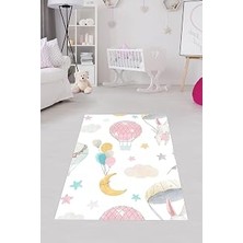 TeknoKapsül Pelangi Uçan Balon Bulut Desenli Halı Dijital Baskı Yıkanabilir Kaymaz Taban Leke Tutmaz Çocuk Odası Halısı, Beyaz 100 x 350