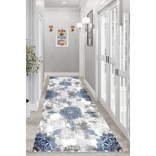 TeknoKapsül Pelangi Osmanlı Desen Göbekli Dijital Baskı Yıkanabilir Modern Salon Halısı ve Yolluk, Mavi 80 x 500, 9554329805007