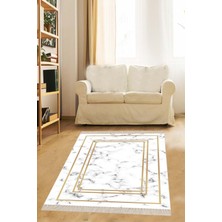 TeknoKapsül Pelangi Beyaz Zemin Gold Çerçeveli Mermer Desenli Dijital Baskı Yıkanabilir Modern Salon Halı ve Yolluk, Gold-Beyaz 160 x 250