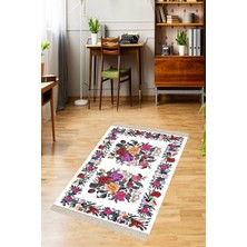 TeknoKapsül Pelangi Otantik Gül Desenli Etnik Dijital Baskı Kaymaz Taban Yıkanabilir Modern Salon Halı ve Yolluk (Beyaz), Beyaz 80 x 500