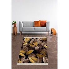 TeknoKapsül Pelangi Gold Yaprak Desenli Dijital Baskı Yıkanabilir Kaymaz Taban Leke Tutmaz Modern Salon Halısı Yolluk, Kahve-Gold 100 x 400