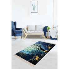 TeknoKapsül Pelangi Mavi Geyik Ağaç Doğa Desenli Dijital Baskı Yıkanabilir Kaymaz Taban Salon Halı ve Yolluk, Mavi 160 x 240