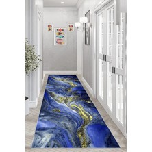 TeknoKapsül Pelangi Gold Detaylı Okyanus Esintili Dijital Baskı Yıkanabilir Modern Salon Halı, Lacivert 80 x 600, 9555243806007