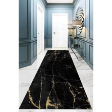 TeknoKapsül Pelangi Mermer Desenli Dijital Baskı Yıkanabilir Kaymaz Taban Düz Salon Halısı ve Yolluk (Siyah), Siyah 100 x 600, 95541761006007
