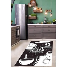 TeknoKapsül Pelangi Let's Cook Together Dijital Baskı Yıkanabilir Kaymaz Taban Leke Tutmaz Mutfak Halısı ve Yolluk, Siyah 160 x 240