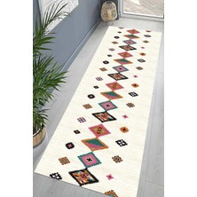 TeknoKapsül Pelangi Kilim Desenli Etnik Dijital Baskı Yıkanabilir Kaymaz Taban Modern Salon Halı ve Yolluk, Bej 80 x 600, 9555150806007