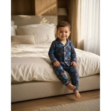 Mavi Dinazor Baskılı Mevsimlik Pamuklu Bebek Pijama Takımı