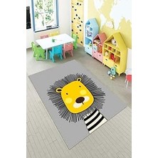 TeknoKapsül Pelangi Gri Aslan Desenli Yıkanabilir Kaymaz Taban Leke Tutmazbebek ve Çocuk Odası Halısı, Gri-Sarı 160 x 230