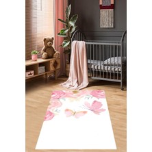 TeknoKapsül Pelangi Güller Içinde Uçan Kelebekler Yıkanabilir Kaymaz Taban Leke Tutmaz Çocuk Odası Halısık, Yeşil-Pembe-Beyaz 160 x 250