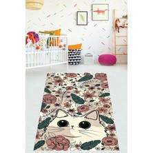 TeknoKapsül Pelangi Çiçekler Arasındaki Kedi Yıkanabilir Kaymaz Taban Leke Tutmaz Çocuk Odası Halısı, Yeşil-Bej-Bordo 160 x 300