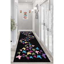 TeknoKapsül Pelangi Renkli Kelebek Desenli Dijital Baskı Yıkanabilir Kaymaz Taban Modern Salon Halı ve Yolluk, Siyah-Renkli 80 x 500, 9554283805007
