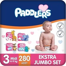 TeknoKapsül Paddlers Bebek Bezi 3 Numara Midi (4-9 Kg) 280 Adet – Ekstra Jumbo Set