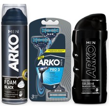 Arko Men Black Köpük 200ml, 3'lü Tıraş Bıçağı ve Black Tıraş Kolonyası 200ml Erkekler İçin
