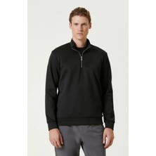 Erkek 3 Iplik Pamuklu Uzun Kol Yarım Farmuarlı Yakalı Sweatshirt - Siyah Mariposa Secret