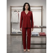 Kadın Kırmızı Ekose Uzun Kollu Pijama Takımı