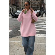 Madmext Pembe Bisiklet Yaka Oversize Uzun Kadın Triko Kazak MG2890