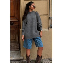 Madmext Antrasit Bisiklet Yaka Oversize Uzun Kadın Triko Kazak MG2890