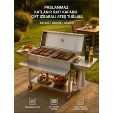 Kaan Coşkun Metal 40X125 - Paslanmaz Çelik Katlanır Raflı Kapaklı Çift Izgaralı Ateş Tuğlalı Mangal