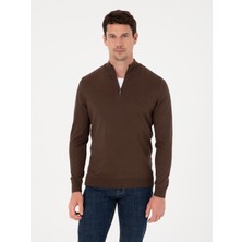 Cacharel Kahverengi Slim Fit Pamuk Karışımlı Yarım Fermuarlı Dik Yaka Triko Kazak 50318981 VR029