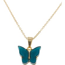X-lady Accessories Altın Renk Zirkon Taşlı Petol Mavisi Kelebek Çelik Kolye - 3935