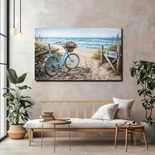 Artprinta Sahil ve Mavi Bisiklet Kanvas Tablo – Çiçekli Vintage Bisiklet ve Deniz Manzaralı Duvar Dekoru