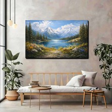Artprinta Karlı Dağ ve Göl Manzaralı Kanvas Tablo – Çiçekli Doğa Manzarası Duvar Tablosu