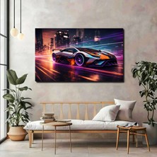Artprinta Neon Spor Araba Kanvas Tablo – Gece Şehir ve Hız Temalı Modern Otomobil Tablosu