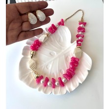 Nish Point Pembe ve Inci Tasarım Boncuk Kolye ve Küpe Set