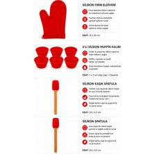 Siliconly 4 Parça %100 Silikon Mutfak Seti -Silikon Ahşap Saplı Kaşık Spatula+Silikon Ahşap Saplı Spatula+Silikon Fırın Eldiveni+Silikon 6'lı Muffin Kek Kalıbı-Kırmızı