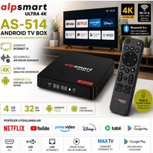 Alpsmart ATS-514 Android Tv Box 4gb Ram 32GB Rom Ultra 4K Sesli Komutlu Air Mouse Kumanda Tv Box