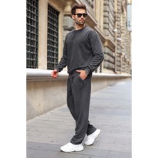 Madmext Siyah Yıkamalı Bisiklet Yaka Regular Fit Erkek Sweat Eşofman Takım E7369