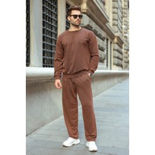Madmext Kahverengi Yıkamalı Bisiklet Yaka Regular Fit Erkek Sweat Eşofman Takım E7369