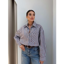 Esra Helvacı Ekoseli Cep Taşlı Oversize Gömlek
