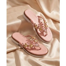 Futsi Shoes Solene Pembe Hakiki Deri Kadın Taşlı Şık Parmak Arası Terlik – Zarif ve Işıltılı Yazlık Model