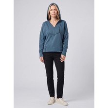 Bold & Young Kadın Petrol Mavisi V Yaka Dikiş Detaylı Parça Boya Yıkama Efektli %100 Pamuk Kapüşonlu Sweatshirt