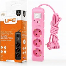 TeknoKapsül Ufo Yeni 3lü Akım Korumalı Grup Priz 1,5 Metre Bakır Kablolu, 5V 2,4A USB ve Type-C ile Şarj, Anahtarlı Topraklı Priz, Sürekli Koruma, 16A 250V, Max 3500W Aşırı Yük Koruması, 1,5m. Pembe Renk