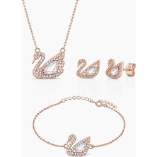Aksel Silver Pembe Zirkon Taşlı Kuğu Set | 925 Ayar Gümüş Set - Gümüş Kuğu Kadın Set - Kuğu Set Gümüş