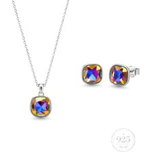 Servi 925 Ayar Gümüş Multicolor Kristal Taşlı Gökkuşağı Kolye Küpe Set