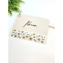 St. Morritz Isme Özel Kişiye Özel Mavi Yaprak ve Renkli Çiçekli Baskılı Clutch Kadın Bez Çanta Makyaj Çantası