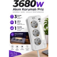 7go 7gsp1 3680W 3'lü Priz Beyaz | Akım Korumalı | 20W Pd Hızlı Şarj USB | 1.9m Kablolu Akıllı LED Gece Lambalı Çoklu Priz