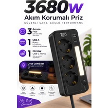 7go 7gsp1 3680W 3'lü Priz Siyah | Akım Korumalı | 20W Pd Hızlı Şarj USB | 1.9m Kablolu Akıllı LED Gece Lambalı Çoklu Priz